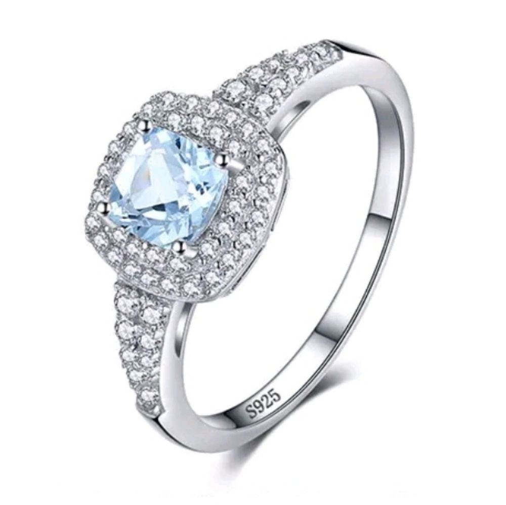 Sterling Silver Aquamarine & CZ Halo Ring